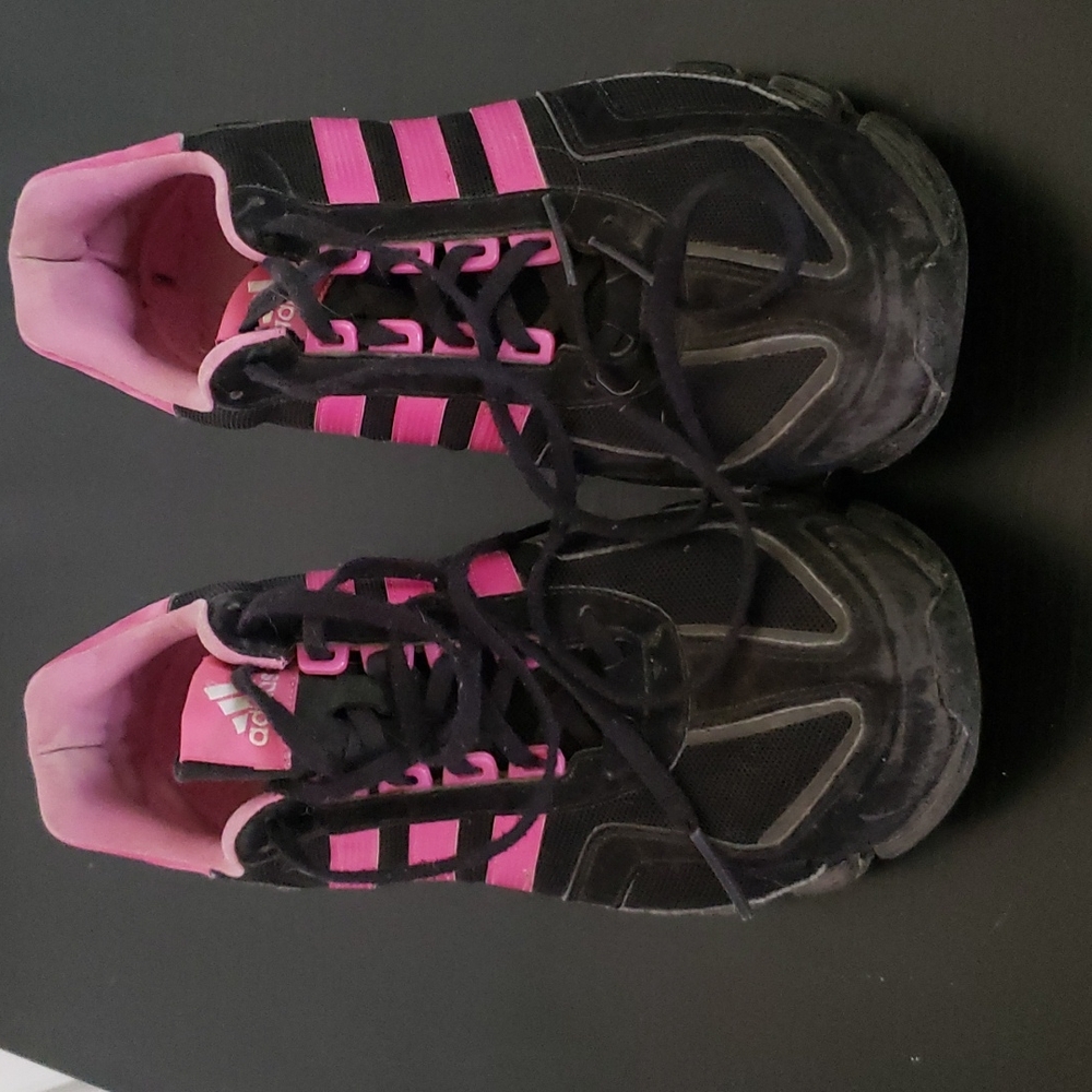 Adidas pink/black running shoes. Size 10